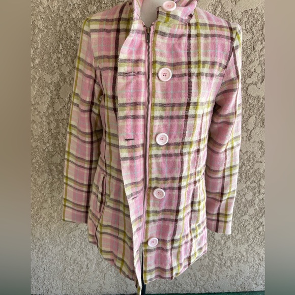 Y2K Paul Frank Pink Plaid Hooded Wool Peacoat, Size Small - Picture 7 of 13